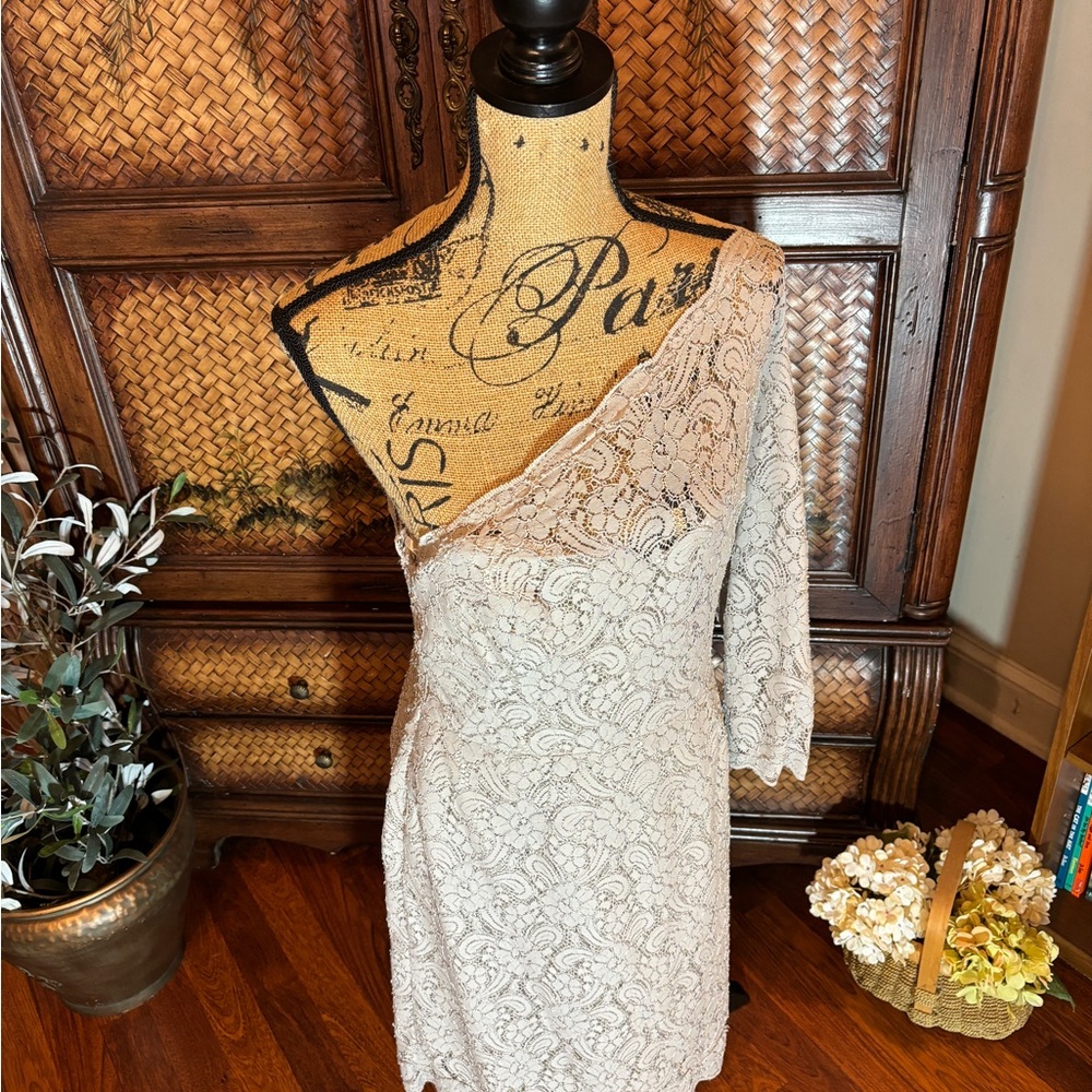 Waters and Watters Cream Asymmetrical One Shoulder Cocktail Dress